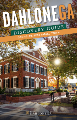 Photo of the Dahlonega Visitor Guide with bold text over a photograph of the Dahlonega Gold Museum